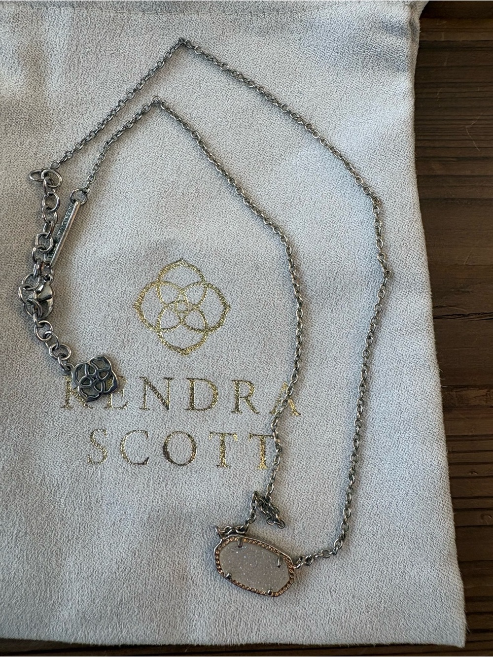 Kendra Scott Elisa Pendant Necklace Iridescent Drusy Rose Gold Faded to Silver - Picture 2 of 5